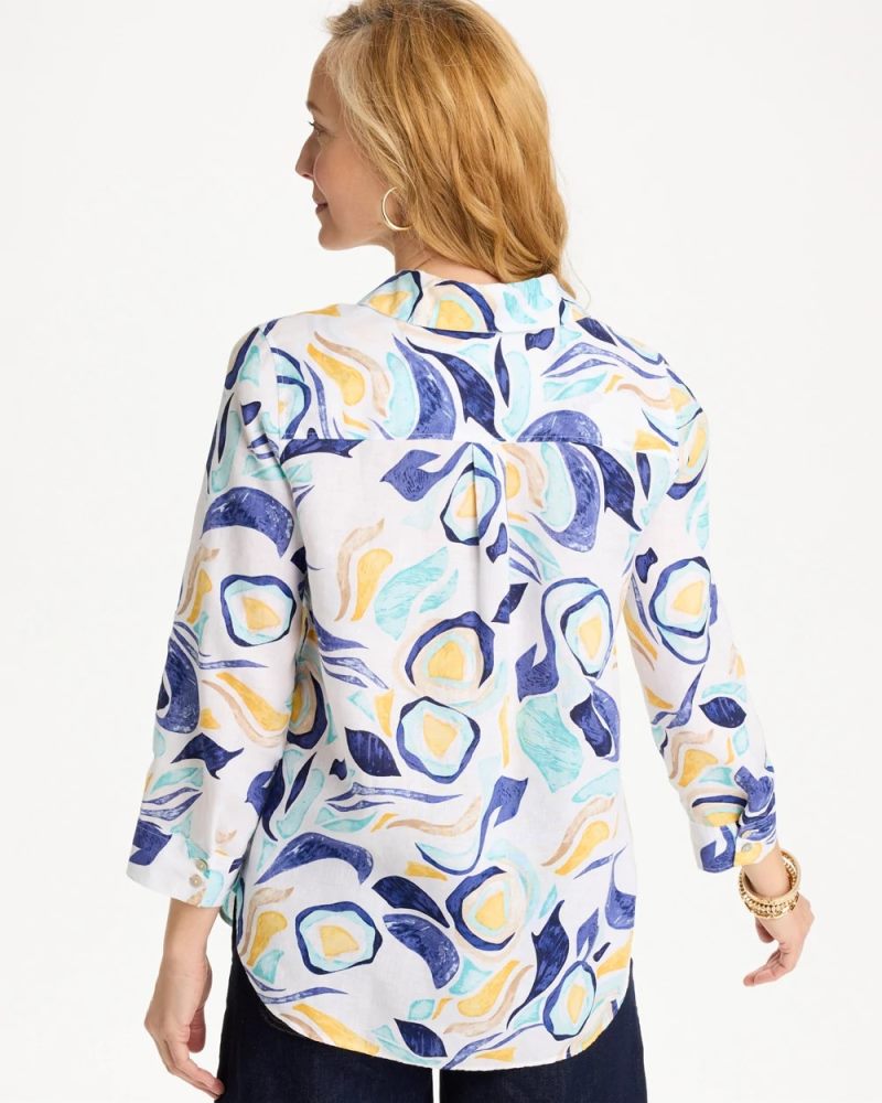 Chicos No Iron Linen Handpainted Print Shirt - PASSPORT BLUE