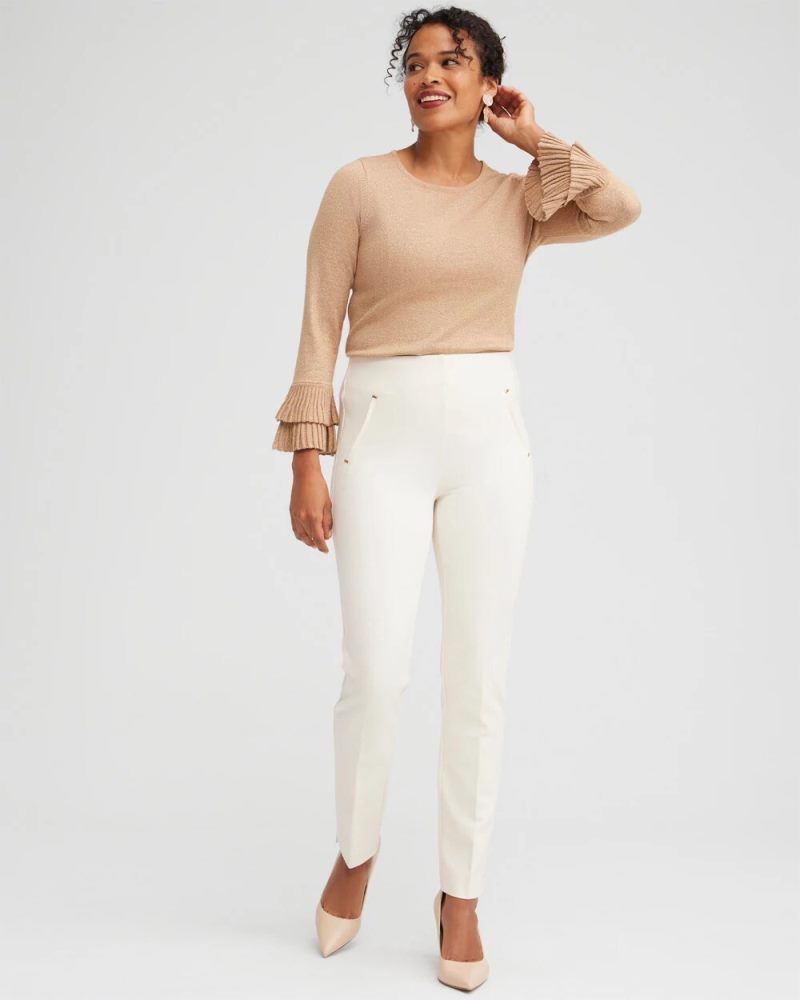 Chicos Lurex Pleat Sleeve Pullover Sweater - FAUX CAMEL HEATHER