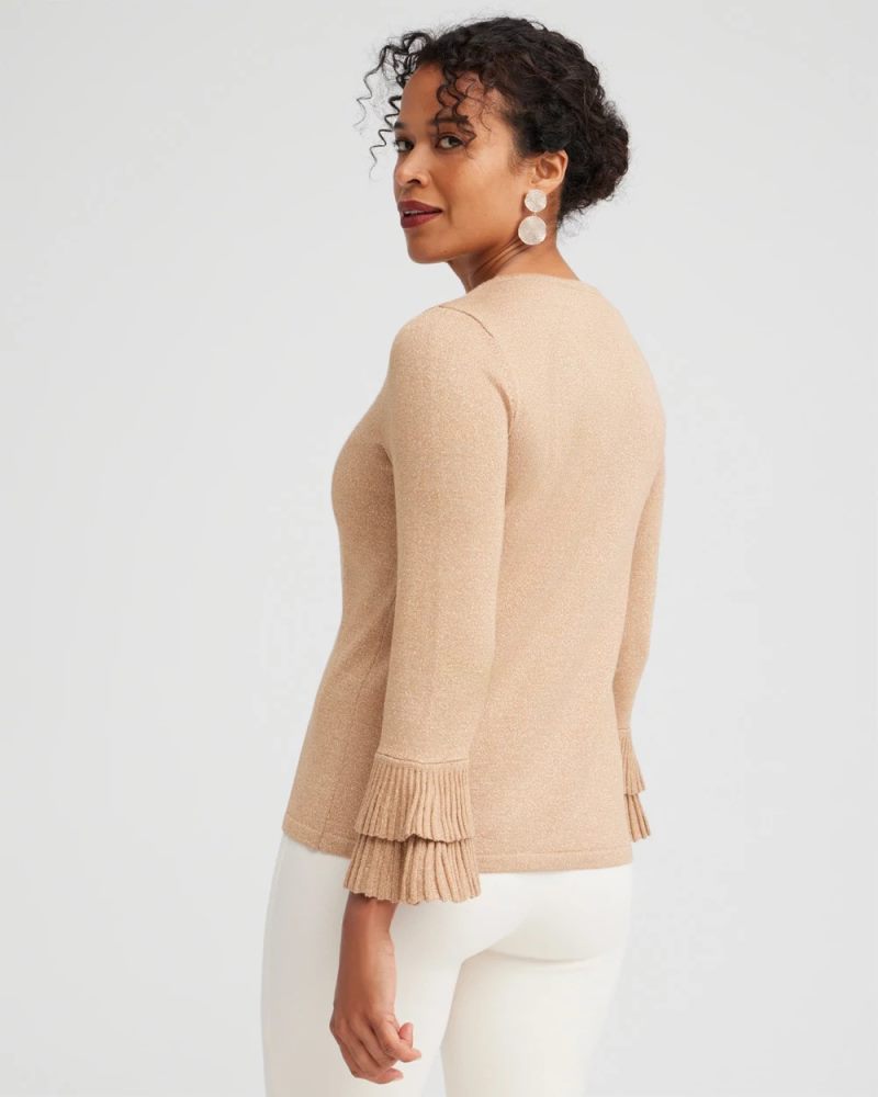 Chicos Lurex Pleat Sleeve Pullover Sweater - FAUX CAMEL HEATHER