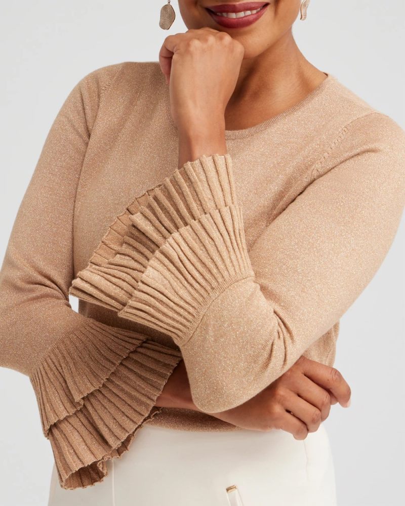 Chicos Lurex Pleat Sleeve Pullover Sweater - FAUX CAMEL HEATHER