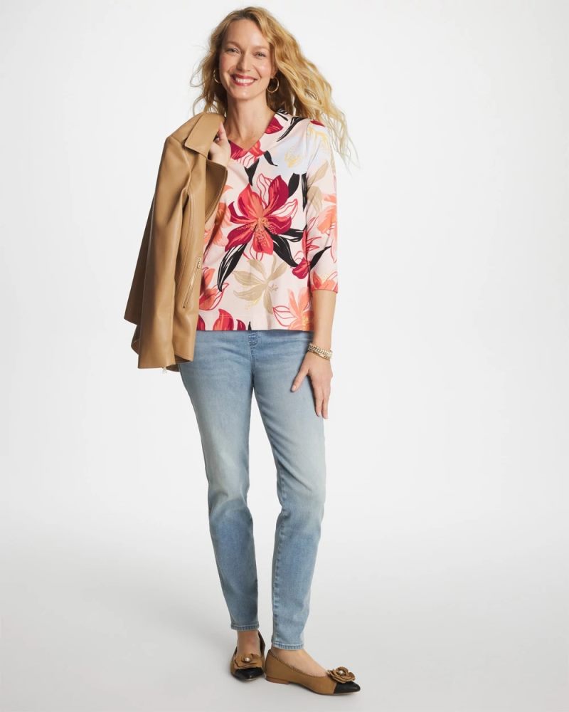 Chicos Pima Cotton 3/4 Sleeve Tee - FOLKLORIC RED