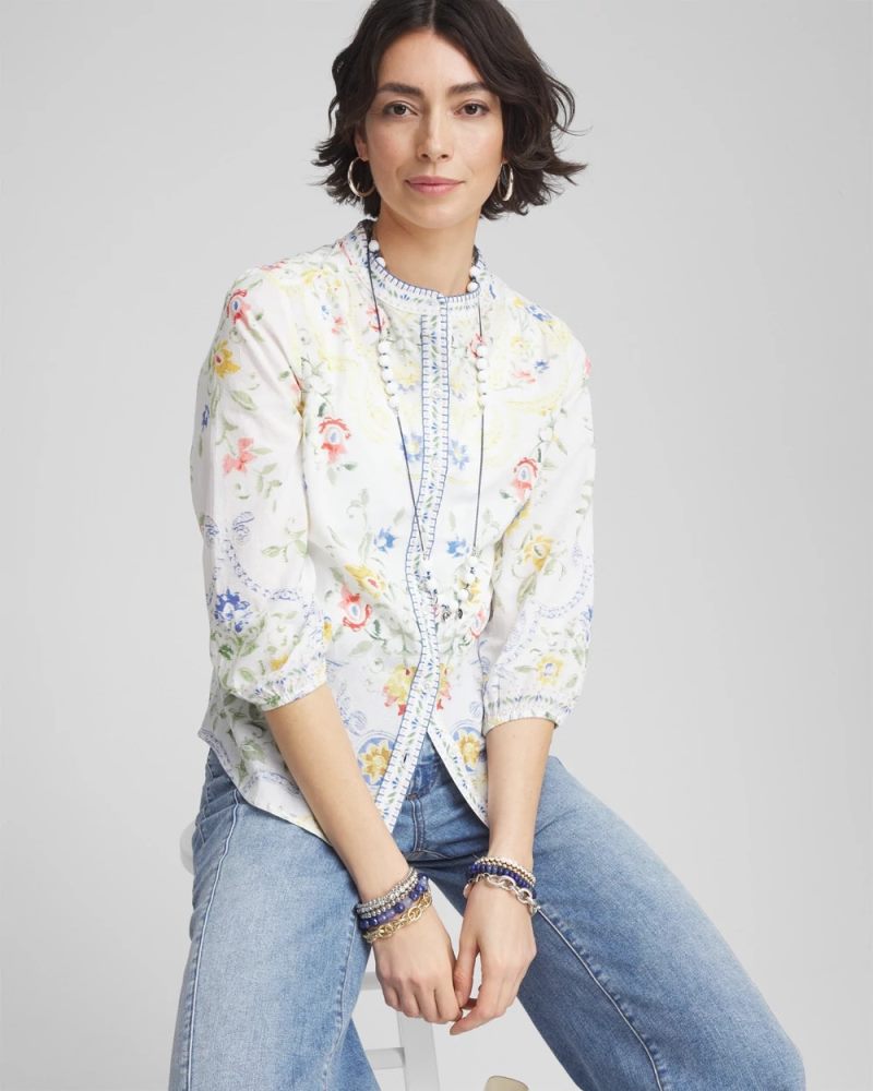 Chicos Floral Billow-Sleeve Blouse - MELON MAMBO