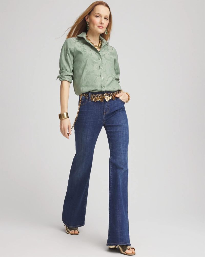 Chicos No Iron Jacquard Shirt - MINERAL GREEN