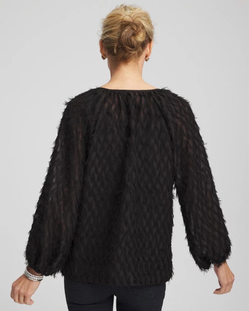 Chicos Feathered Pullover Peasant Blouse - BLACK