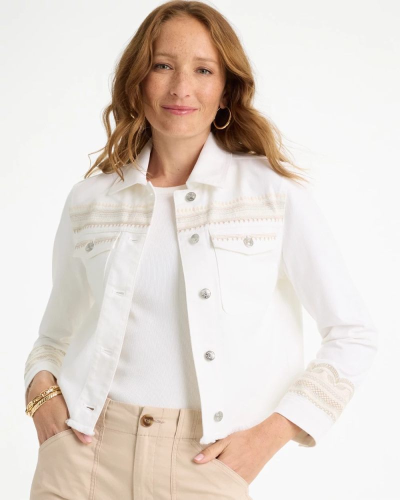 Chicos Embroidered Cropped Denim Trucker Jacket - ALABASTER
