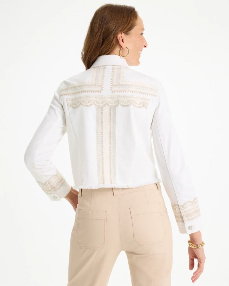 Chicos Embroidered Cropped Denim Trucker Jacket - ALABASTER