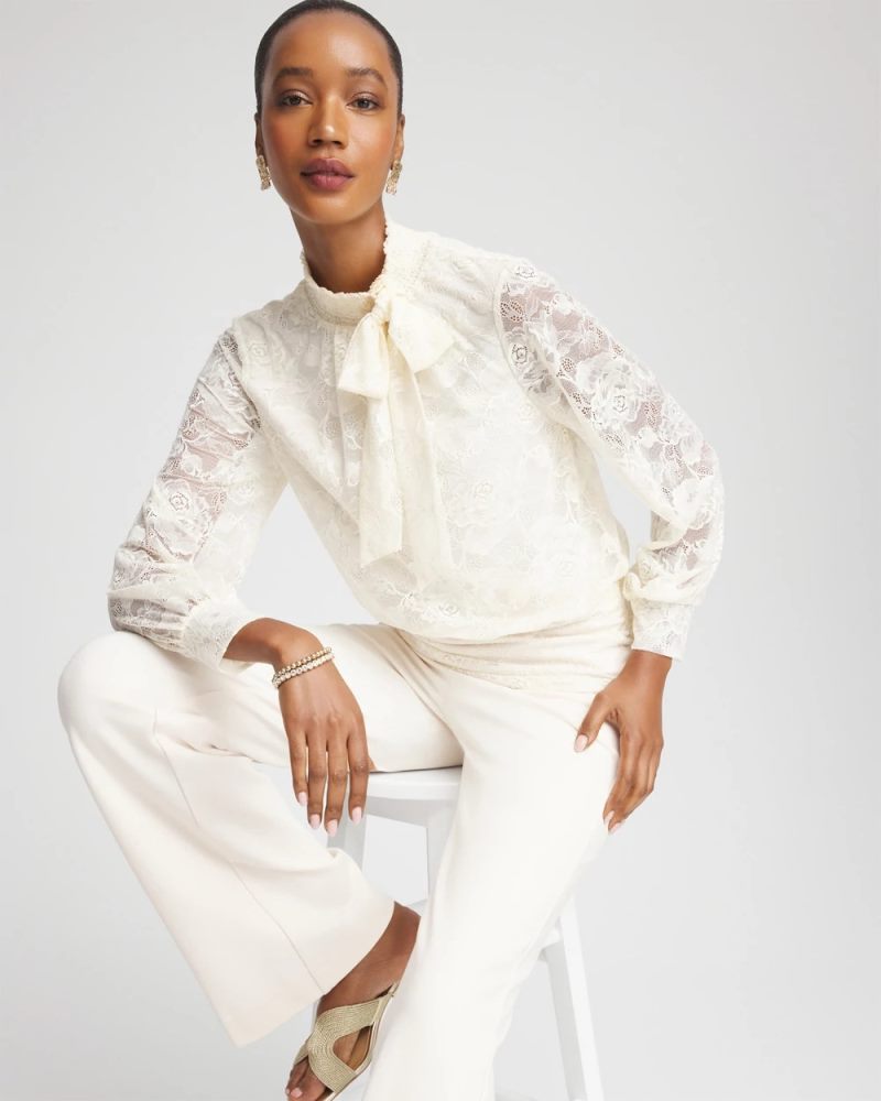 Chicos Tie-Neck Banded-Bottom Top - ENGLISH CREAM