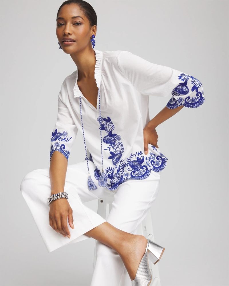 Chicos Embroidered Tassel Tie-Front Blouse - RICH COBALT