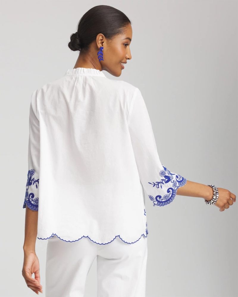 Chicos Embroidered Tassel Tie-Front Blouse - RICH COBALT