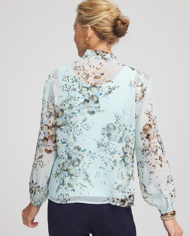 Chicos Floral Georgette Peasant Blouse - BLUE MENTHE