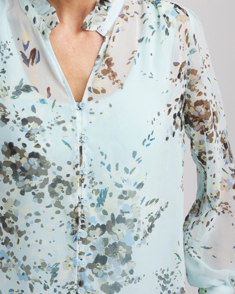 Chicos Floral Georgette Peasant Blouse - BLUE MENTHE