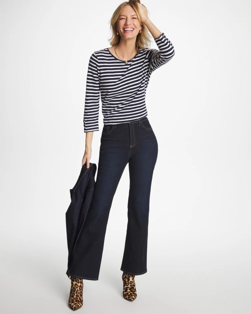 Chicos Striped Cotton Slub 3/4 Sleeve Button Tee - PASSPORT BLUE