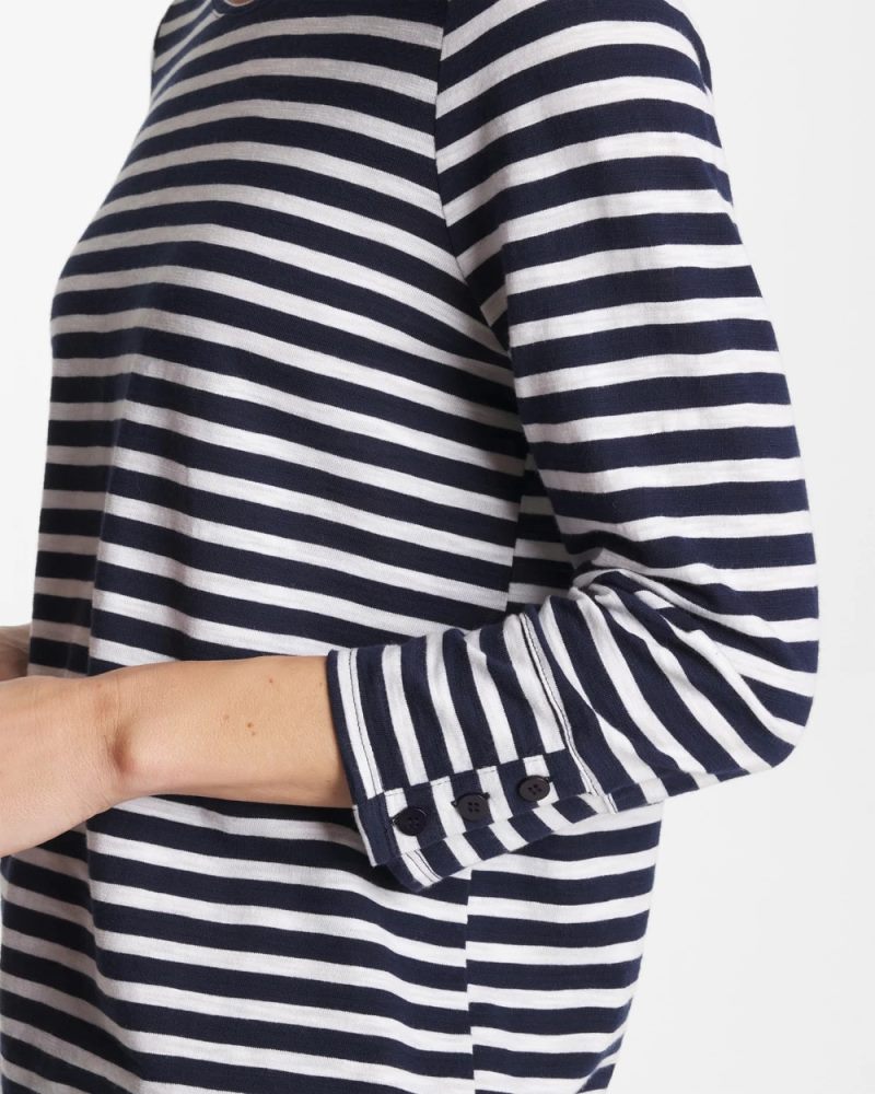 Chicos Striped Cotton Slub 3/4 Sleeve Button Tee - PASSPORT BLUE
