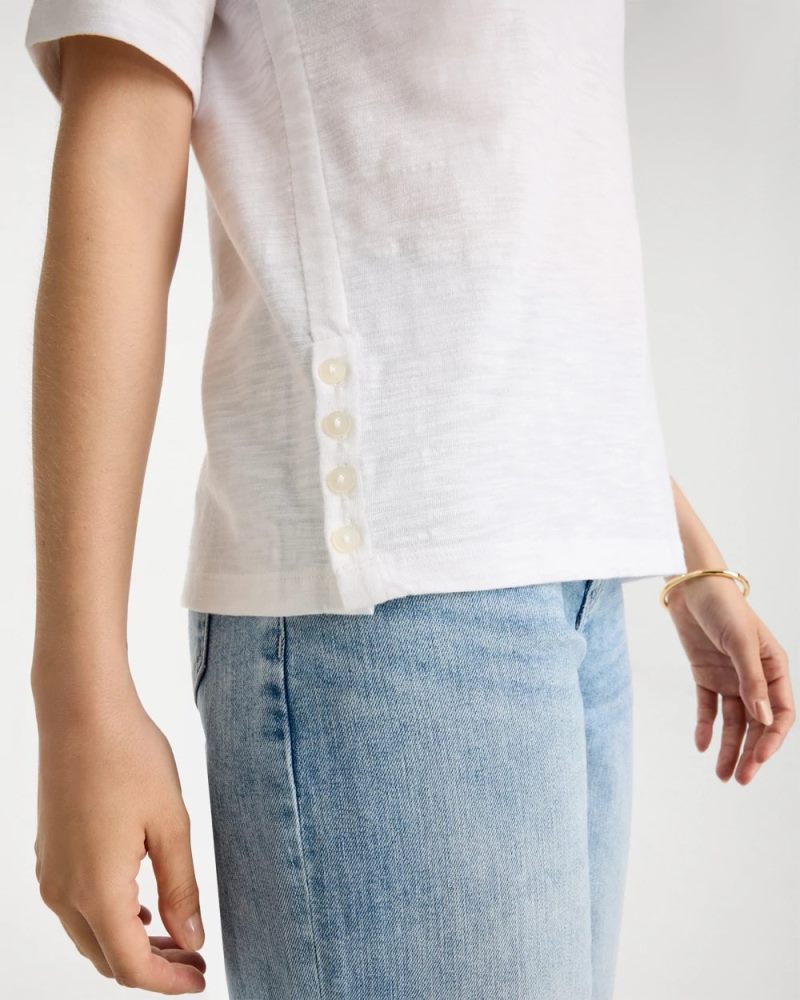 Chicos Slub Crewneck Button Tee - ALABASTER