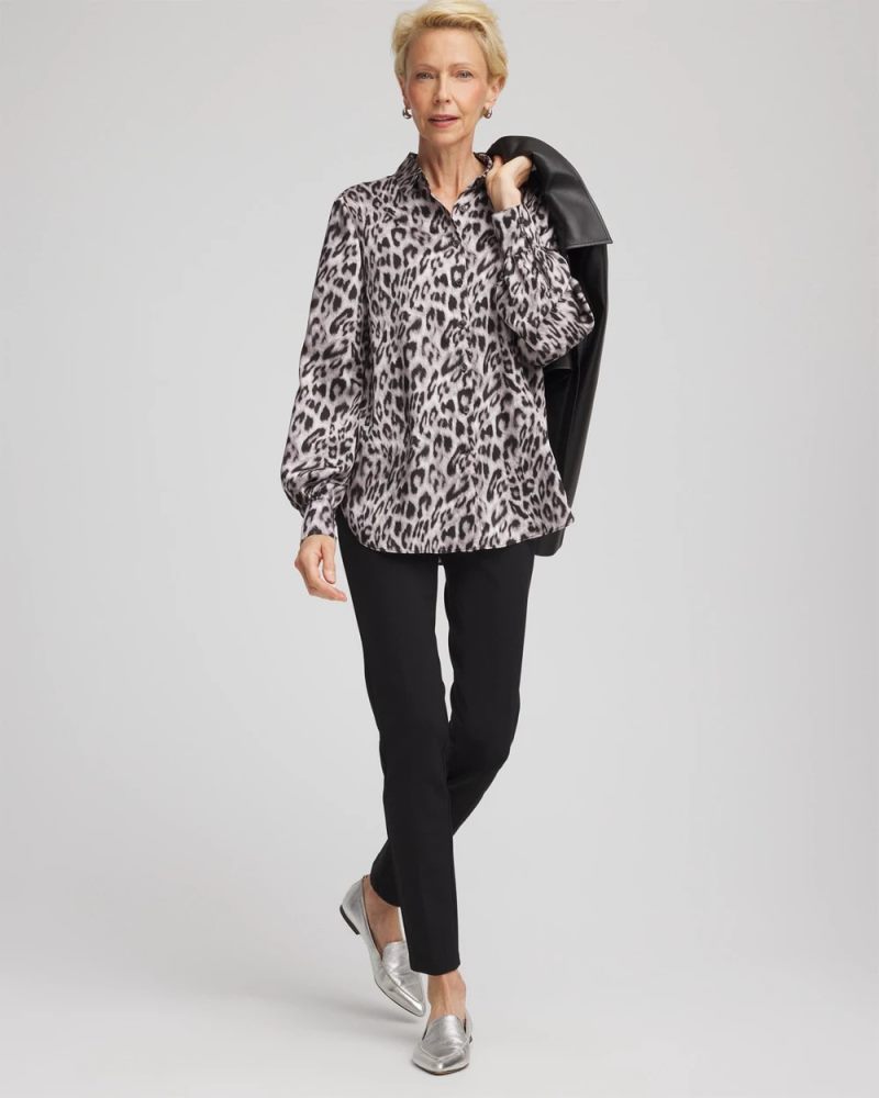 Chicos Faux Silk Snowy Animal Shirt - DOVE GRAY