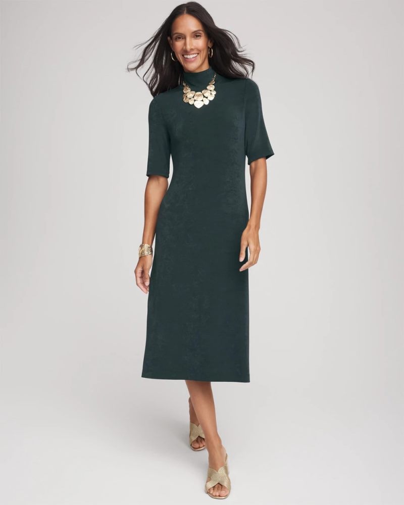 Chicos Travelers™ Mockneck Elbow-Sleeve Midi Dress - DARKEST SPRUCE