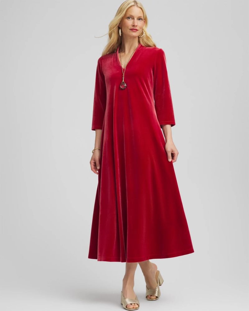 Chicos V-Neck Velour Midi Dress - DEEP CRIMSON