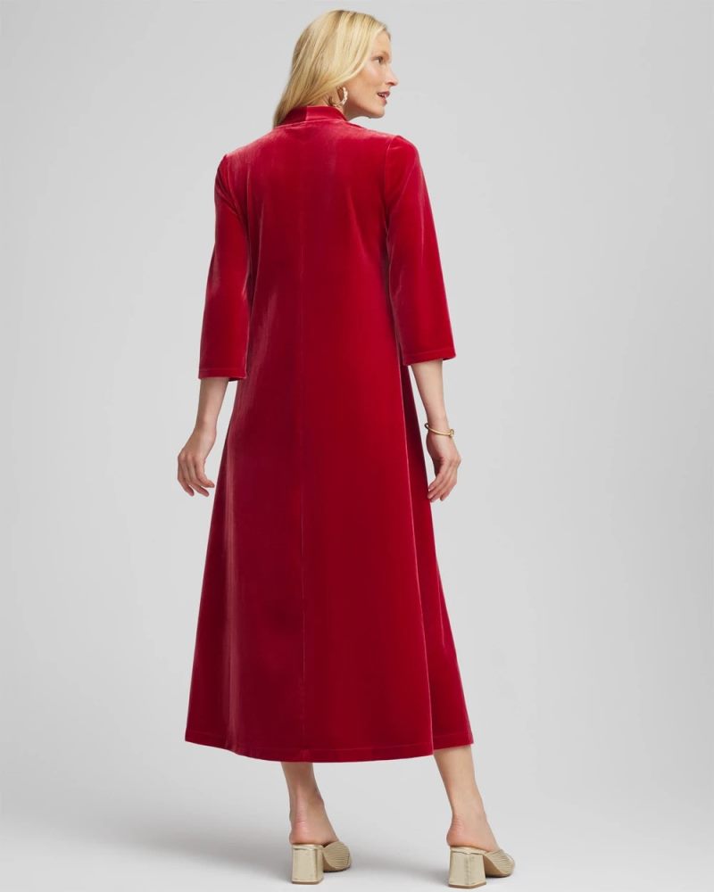 Chicos V-Neck Velour Midi Dress - DEEP CRIMSON