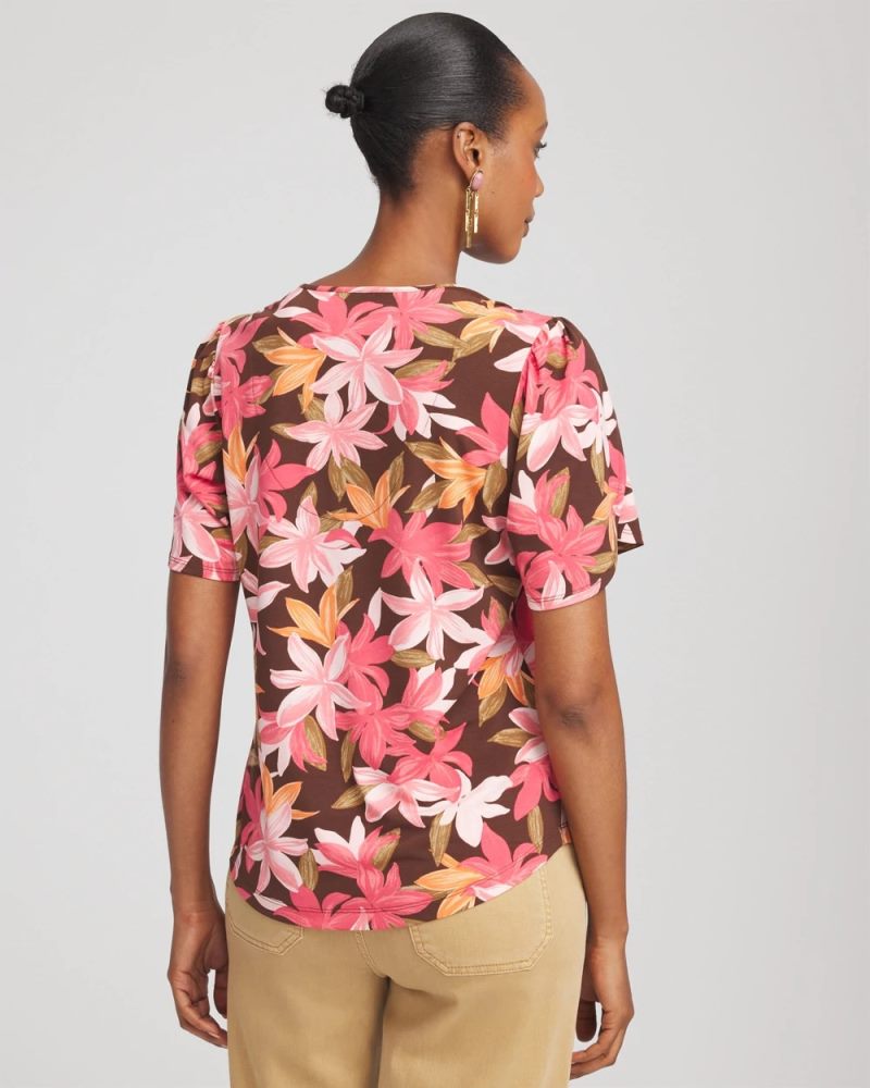 Chicos Floral Petal-Sleeve Voop Neck Tee - CACAO