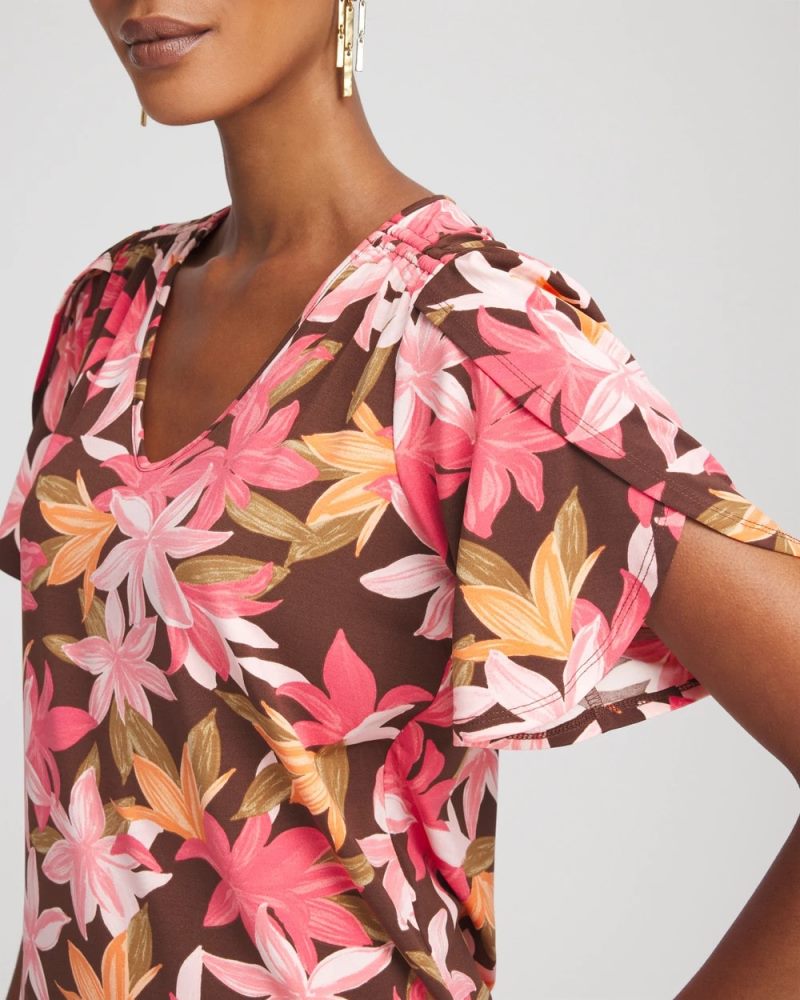 Chicos Floral Petal-Sleeve Voop Neck Tee - CACAO