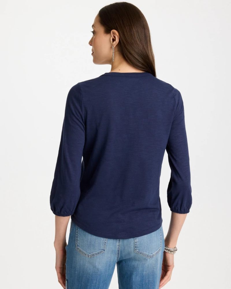 Chicos Puff Sleeve Cotton Slub Henley Tee - PASSPORT BLUE