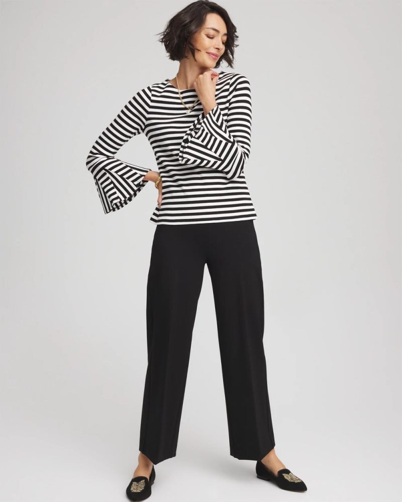 Chicos Ribbed Godet Flutter-Sleeve Top - BLACK
