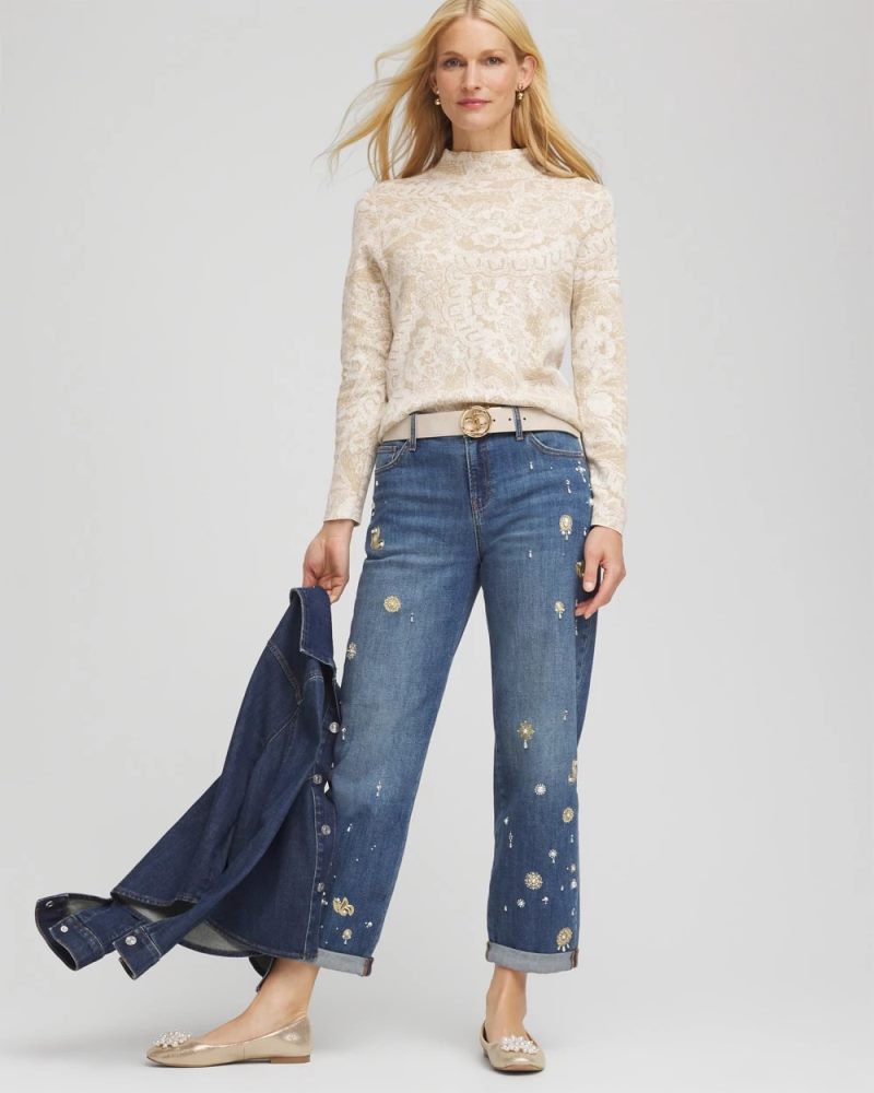 Chicos Ella Jacquard Mockneck Sweater - ENGLISH CREAM