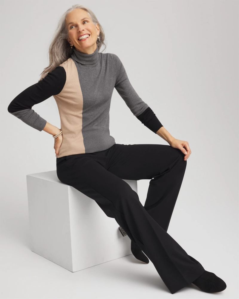 Chicos Ella Colorblock Intarsia Turtleneck Sweater - BLACK