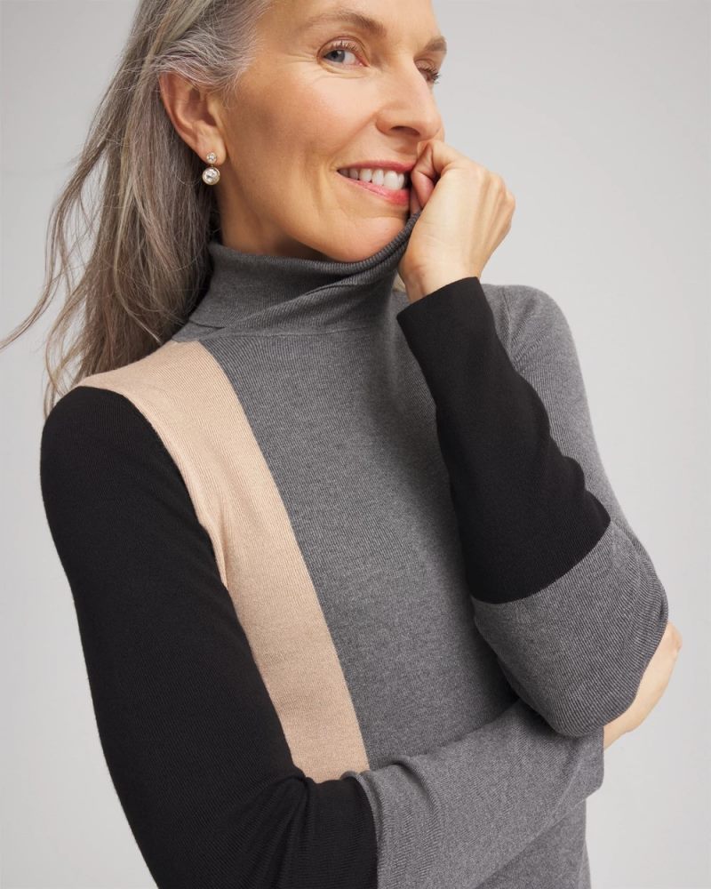 Chicos Ella Colorblock Intarsia Turtleneck Sweater - BLACK