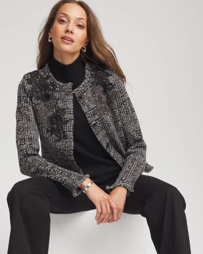 Chicos Embroidered Metallic Tweed Cardigan - GRAY