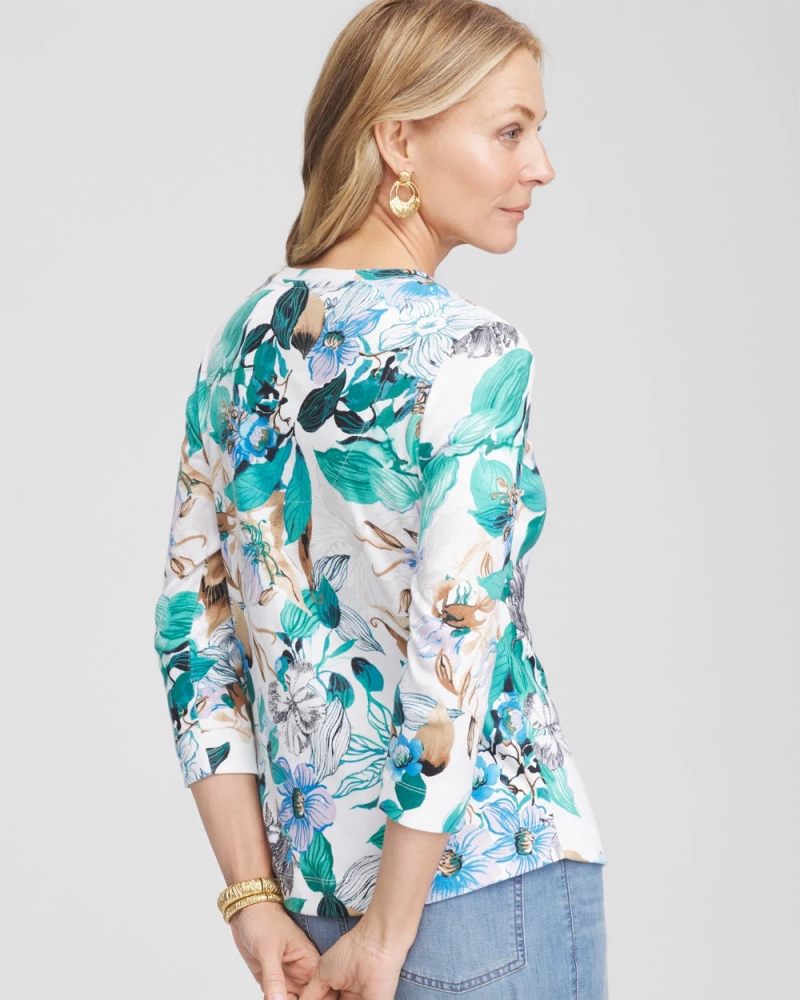 Chicos Floral Pima 3/4 Sleeve Everyday Tee - ALABASTER