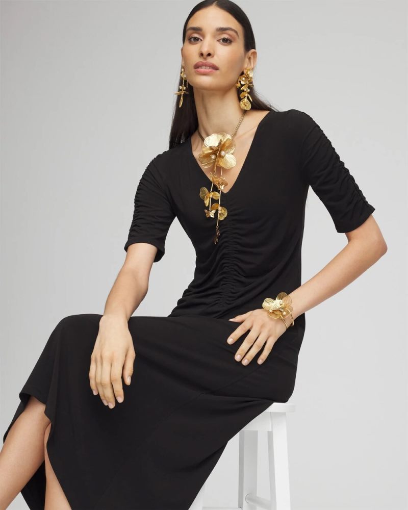 Chicos Ruched Jersey Midi Dress - BLACK