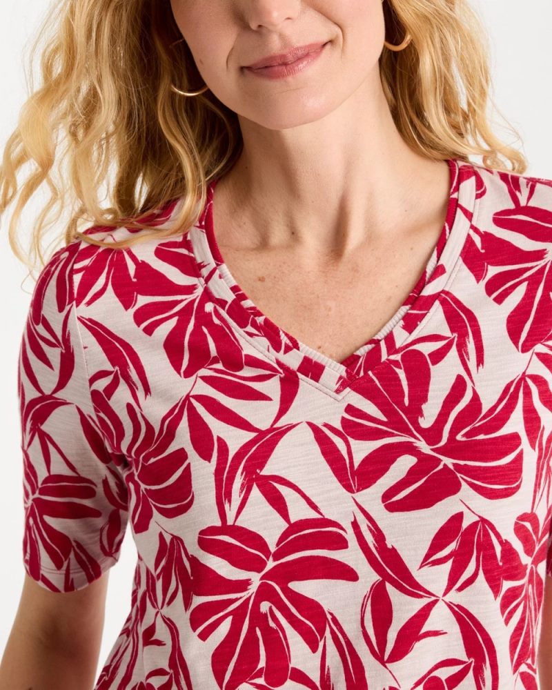 Chicos Printed Cotton Slub V-Neck Tee - CHERRY LUSH