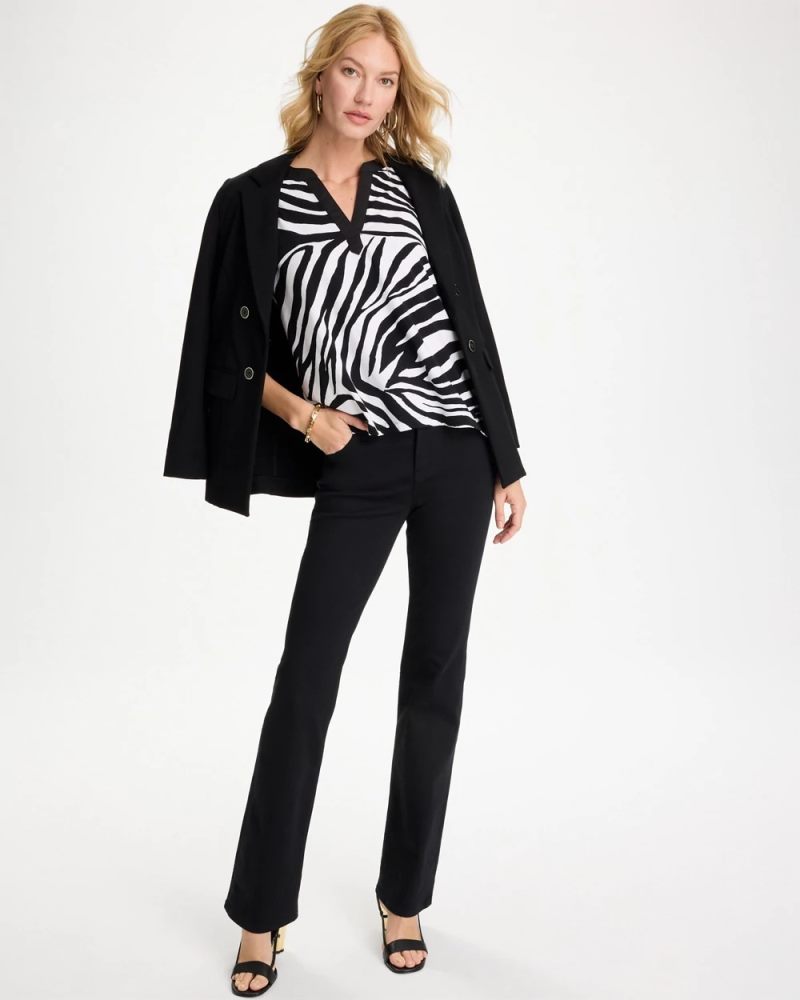 Chicos Zebra Cotton-Stretch Notch Neck Tank - BLACK