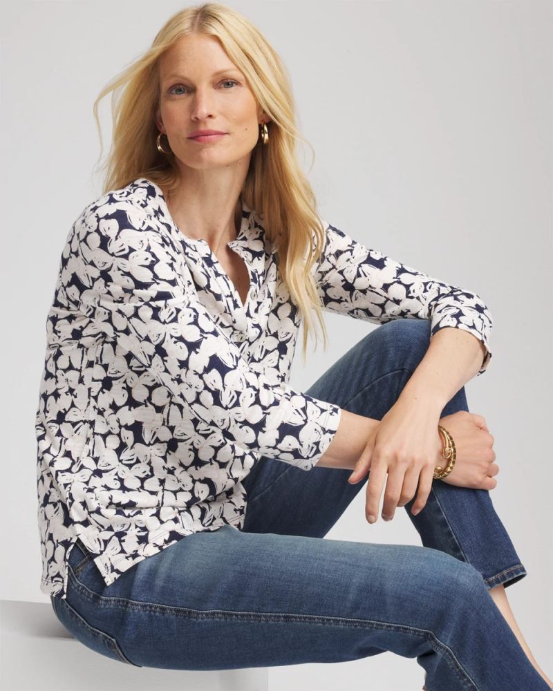 Chicos Slub Splitneck Henley Tee - PASSPORT BLUE
