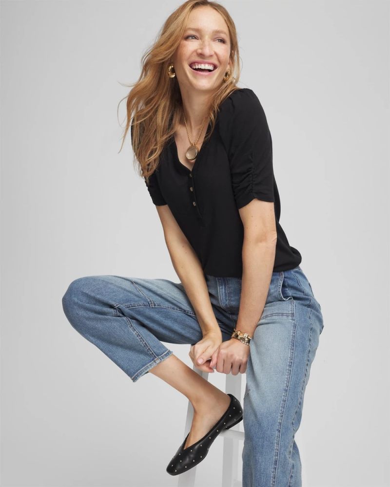 Chicos Slub Split Neck Henley Tee - BLACK