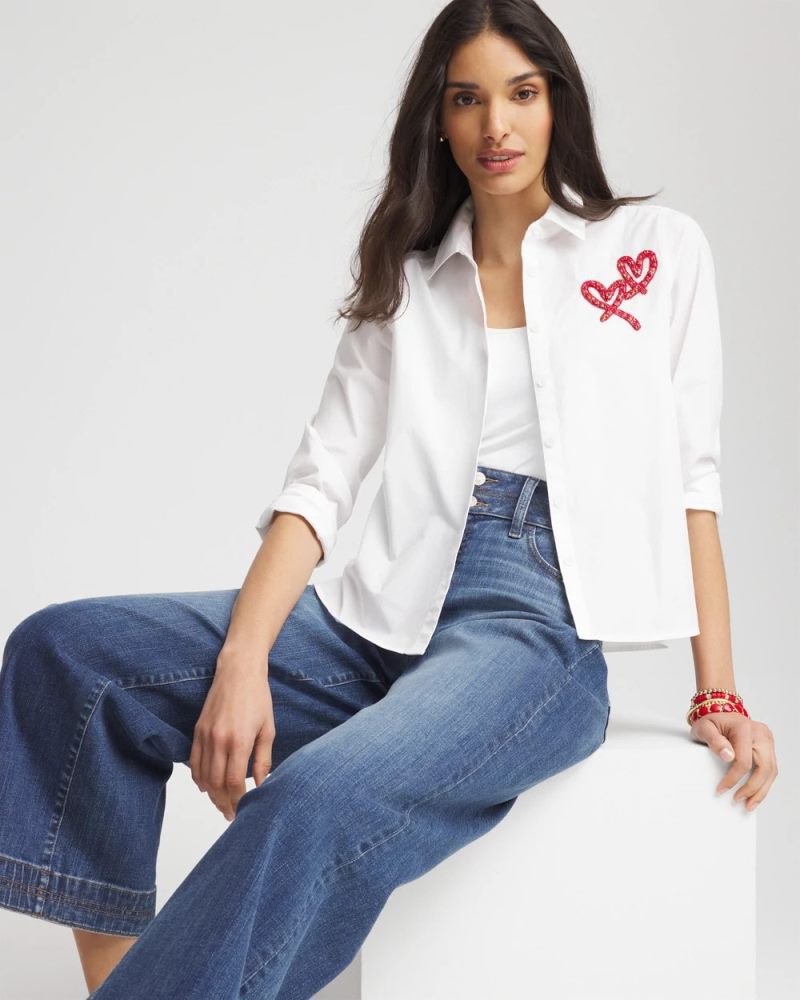 Chicos Crystal Heart Poplin Shirt - ALABASTER