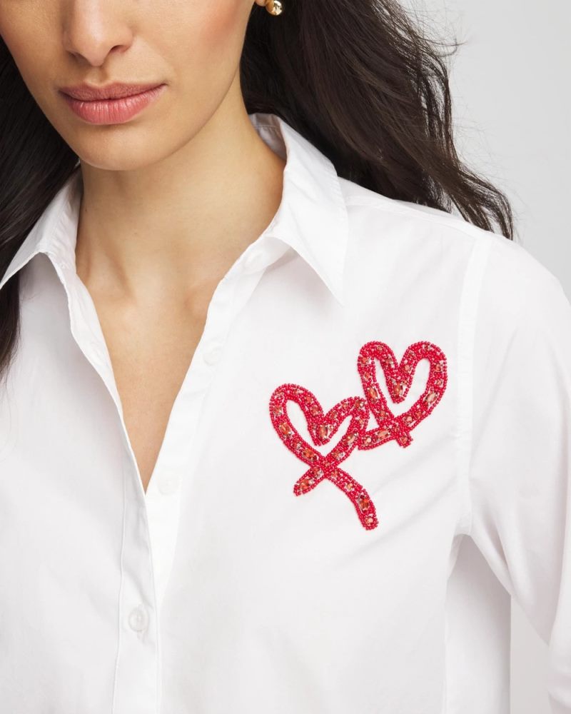 Chicos Crystal Heart Poplin Shirt - ALABASTER