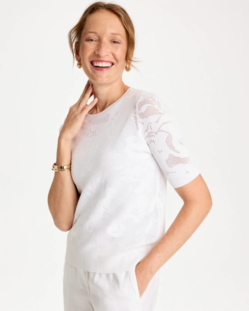 Chicos Ella Short-Sleeve Pointelle Sweater - ALABASTER