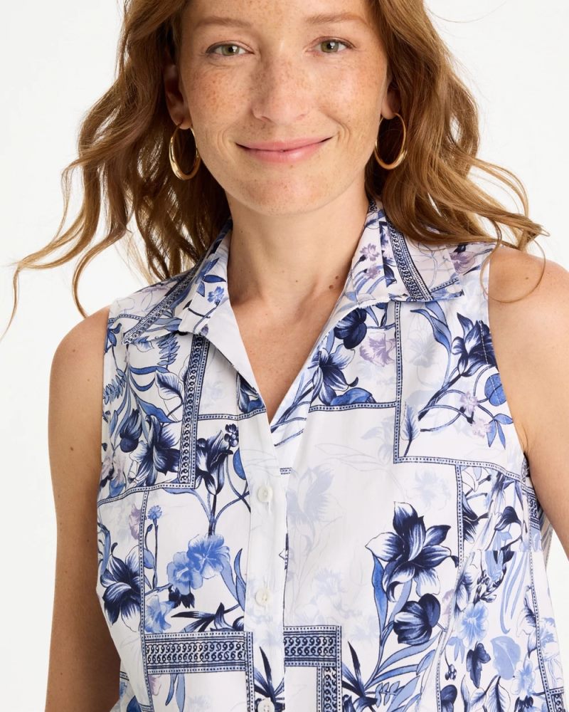 Chicos Cotton-Blend Classic Printed Sleeveless Shirt - AMPARO BLUE