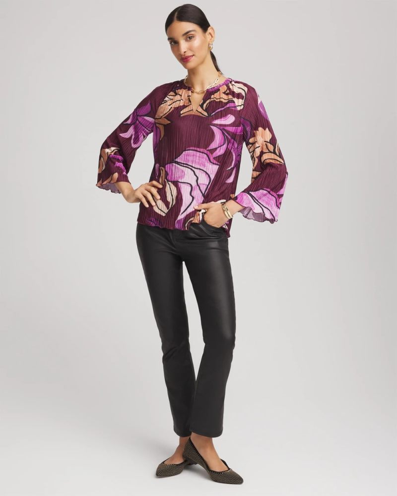 Chicos Printed Pleated V-Neck Tee - DEEP CHIANTI