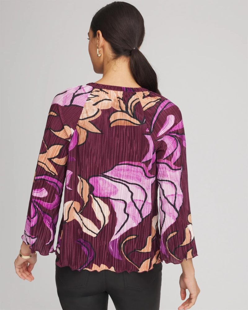 Chicos Printed Pleated V-Neck Tee - DEEP CHIANTI