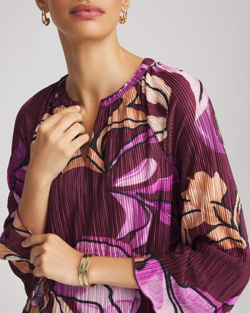 Chicos Printed Pleated V-Neck Tee - DEEP CHIANTI