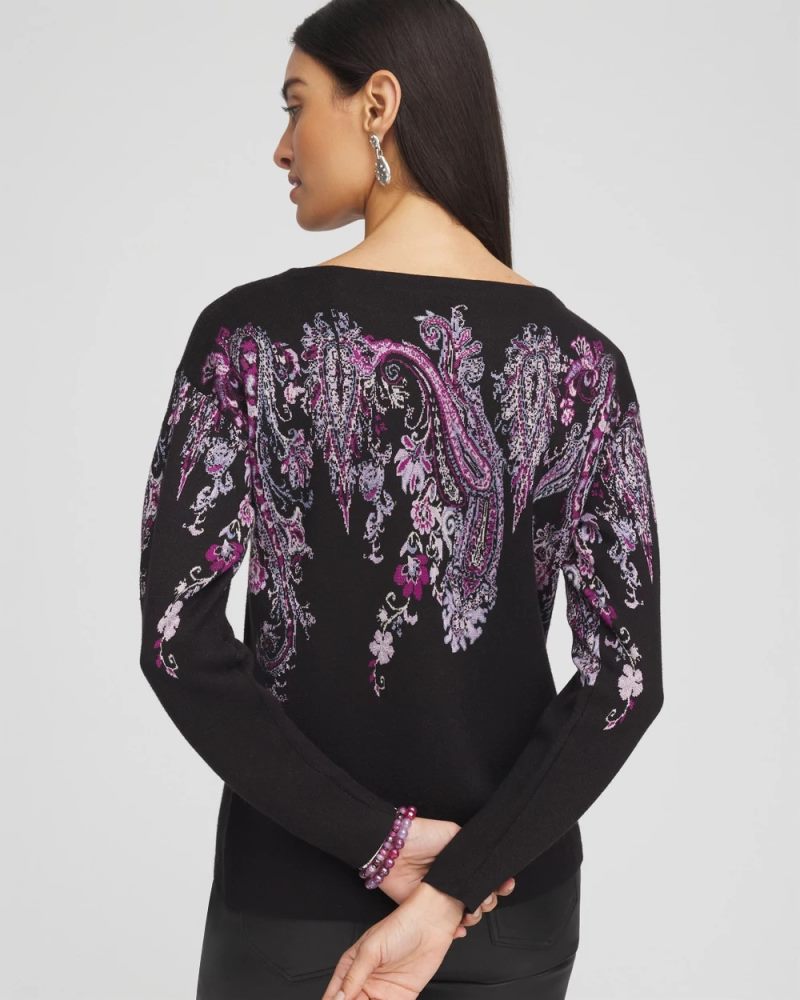 Chicos Jacquard Paisley Pullover Sweater - BLACK