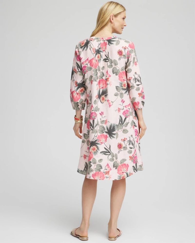 Chicos Floral Linen Pintuck 3/4 Sleeved Dress - MULTI