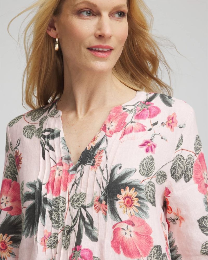 Chicos Floral Linen Pintuck 3/4 Sleeved Dress - MULTI
