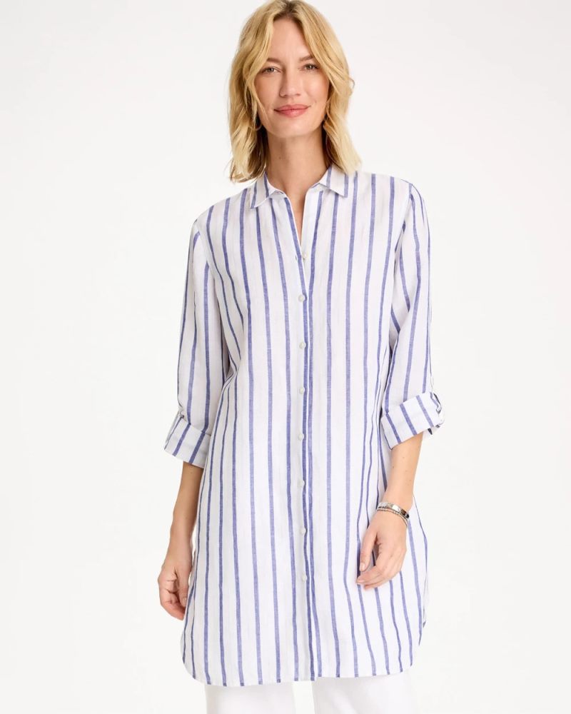 Chicos Linen Metallic Striped Duster Shirt - ALABASTER