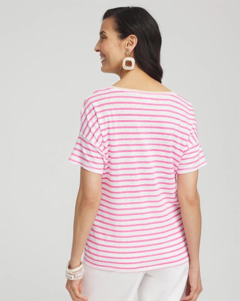 Chicos Pink Stripe Sweater Trim Linen Tee - DELIGHTFUL PINK