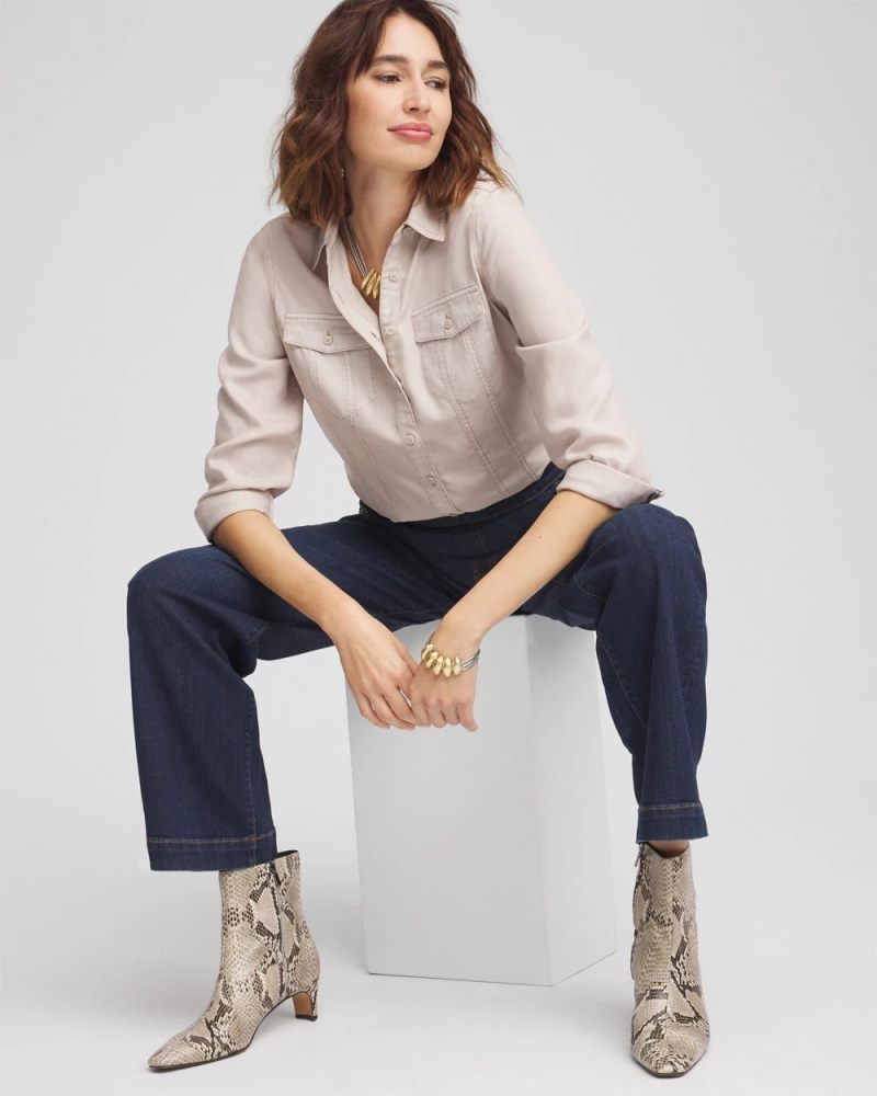 Chicos Split Cuff Denim Pocket Shirt - HELIUM