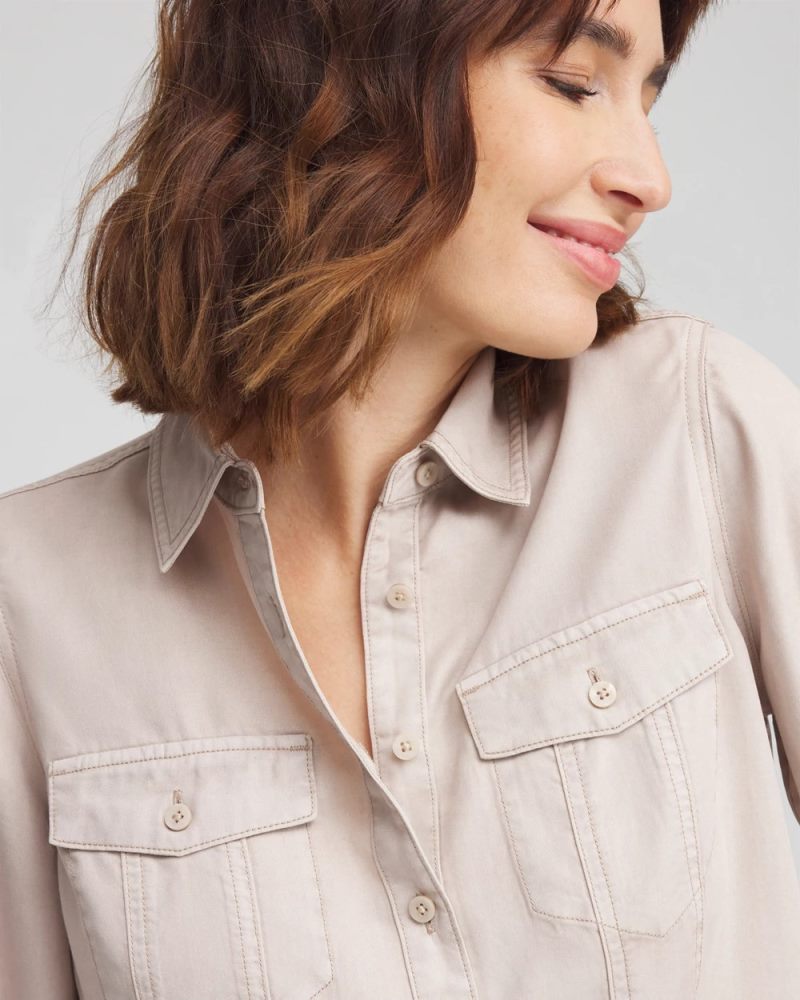 Chicos Split Cuff Denim Pocket Shirt - HELIUM